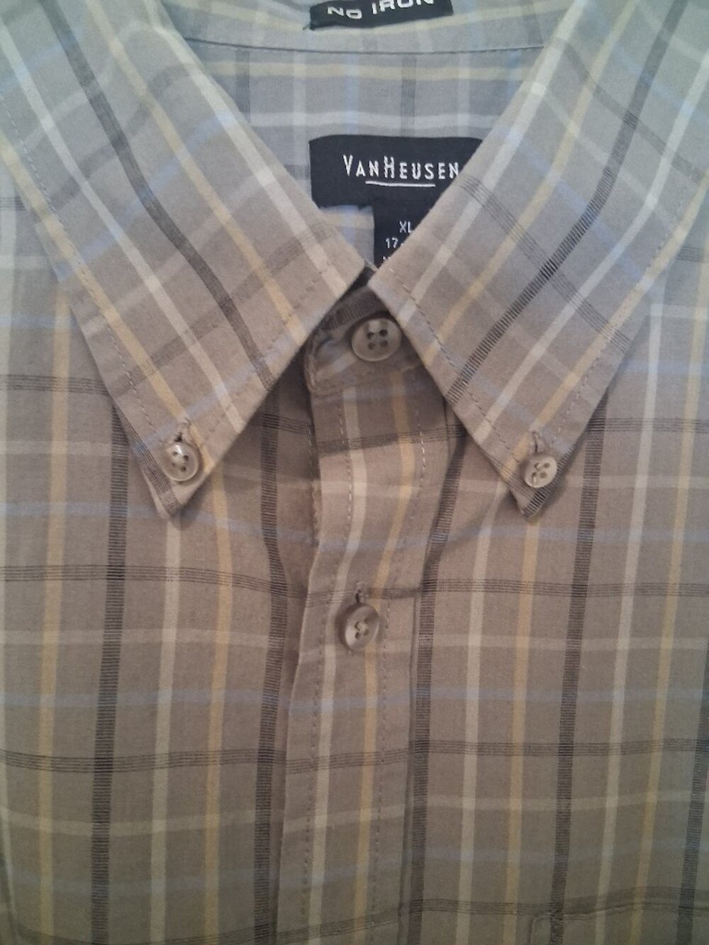 Van Heusen Men's-Short-Sleeve, Button-Down Shirt-Plaid-Lt Gray, Dk Gray, Tan-XL
